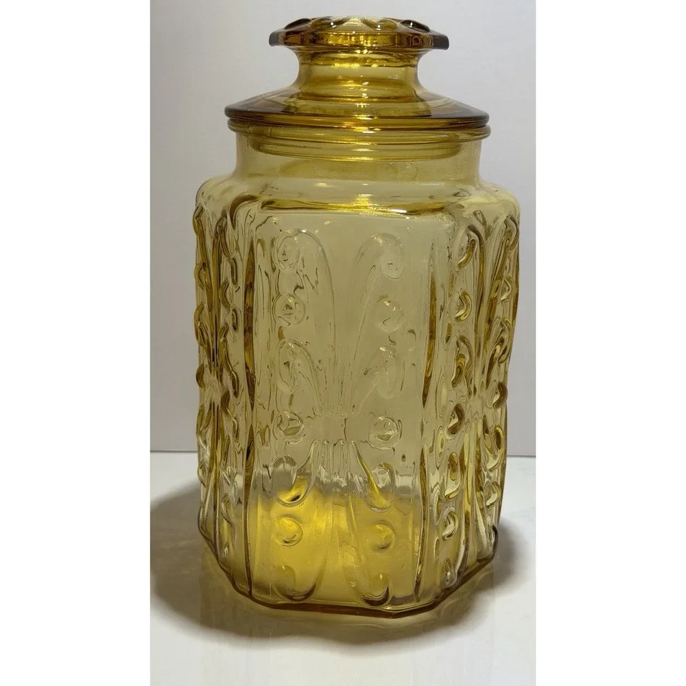 Vintage LE Smith Amber Gold Glass Lidded Canister Imperial Scroll norubber Seal